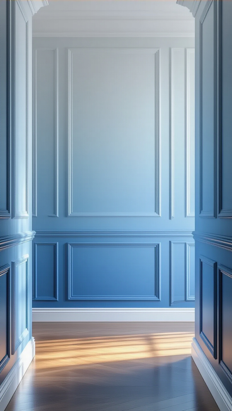 11. Elegant Transitions with Ombre Blue Walls and White Accents