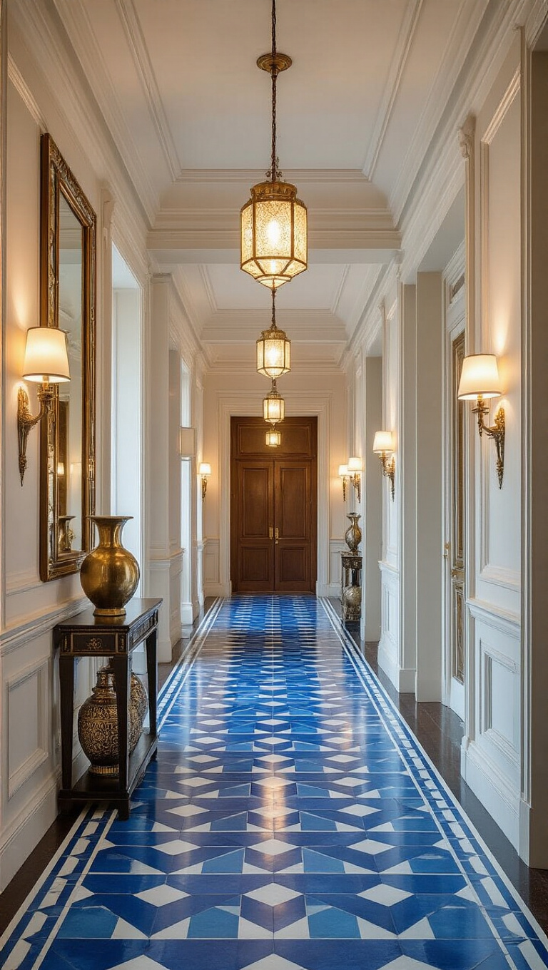 12. Art Deco Revival with Blue Hallway Floor and White Accents