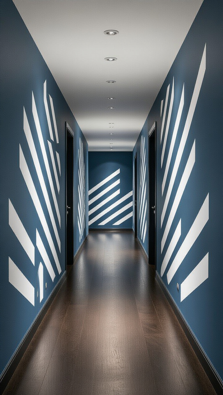 13. Geometric Precision with Blue Hallways and Angular White Accents