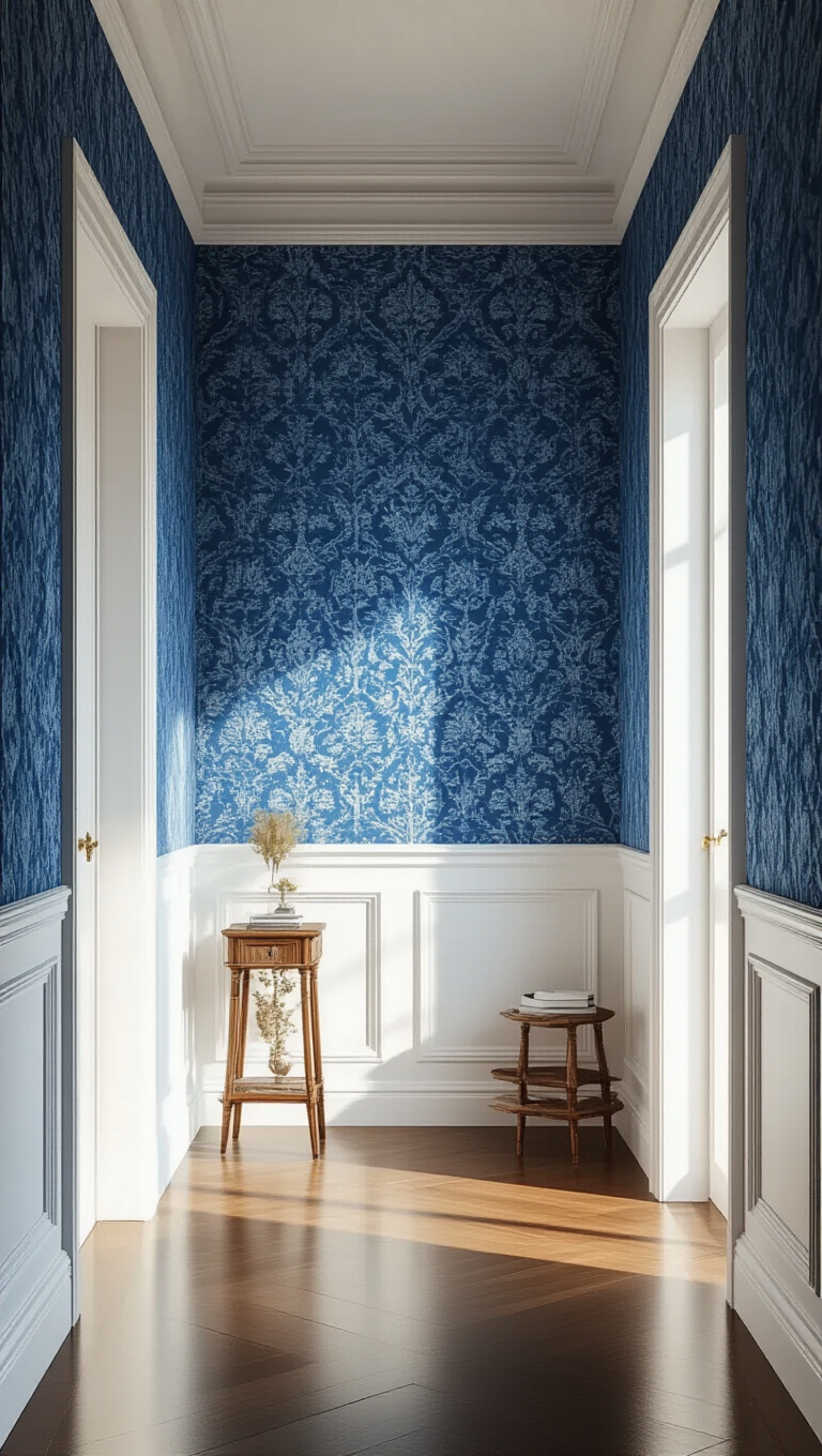 14. Blend Textures with Patterned Blue Wallpaper and White Accents