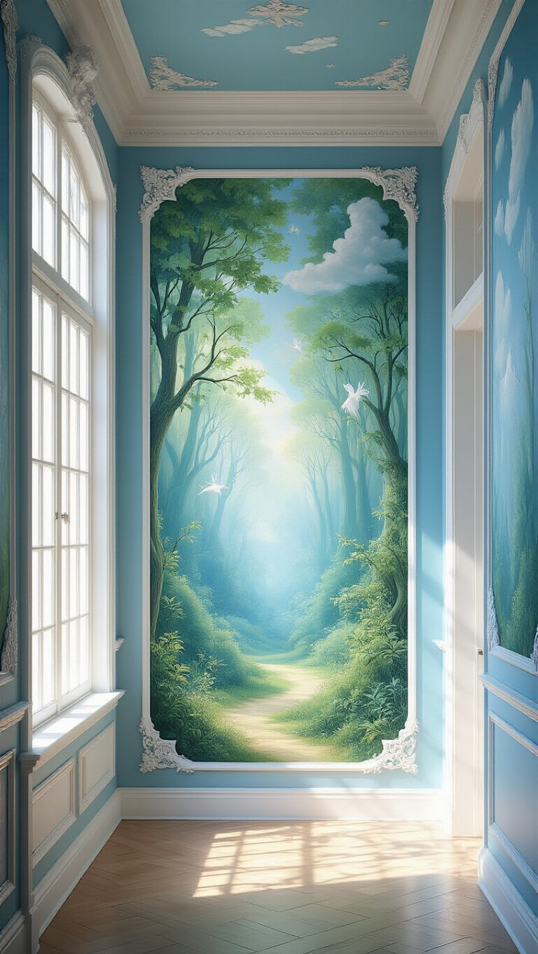 15. Storybook Whimsy with Blue Hallway Murals and White Accents