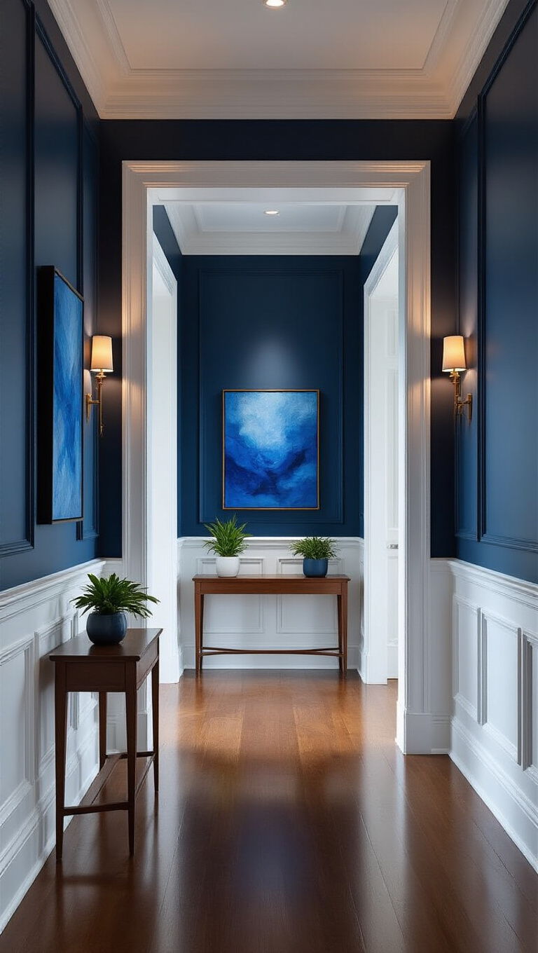 2. Create Drama with Deep Blue Accent Walls and White Trim
