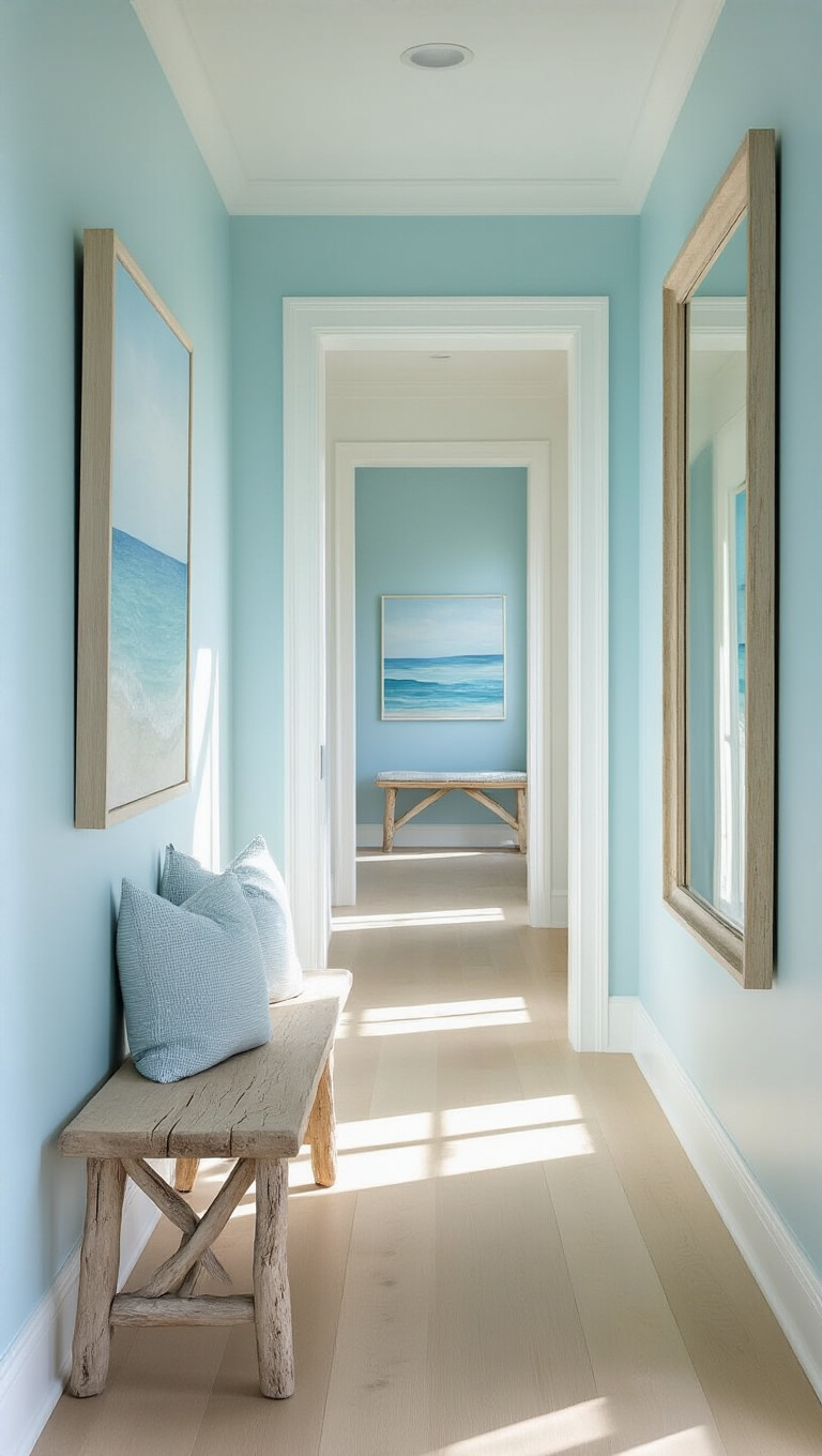 3. Coastal Vibes with Pastel Blue Hallway and White Accents