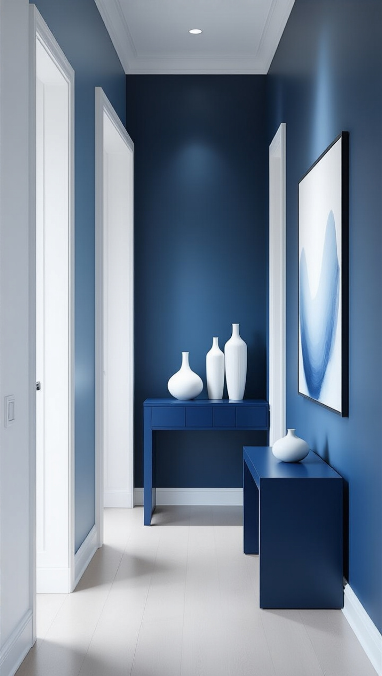 4. Modern Elegance with Monochromatic Blue Hallway and White Accents