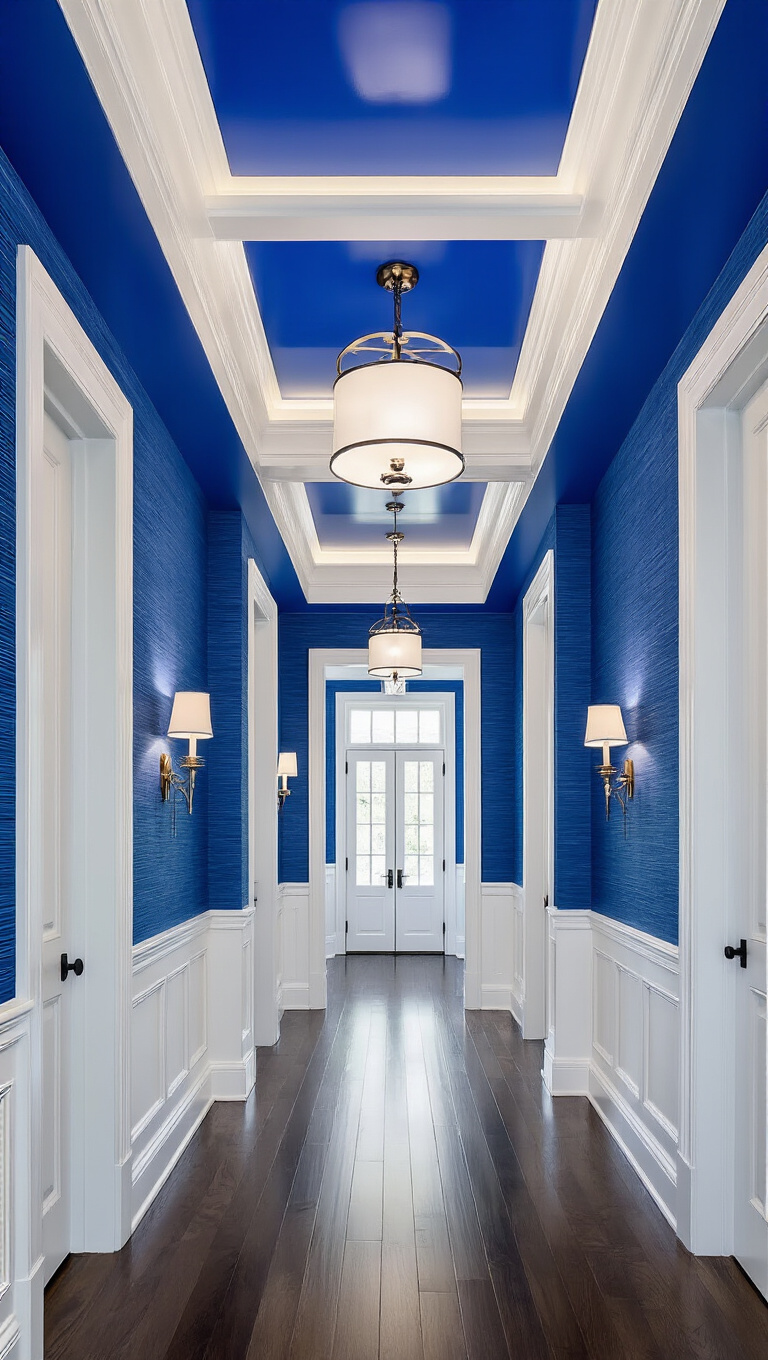 7. Invigorate Your Space with Bold Blue Ceiling and White Accents
