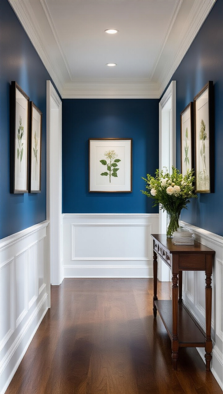 9. Inviting Symmetry with Blue Wainscoting and White Accents