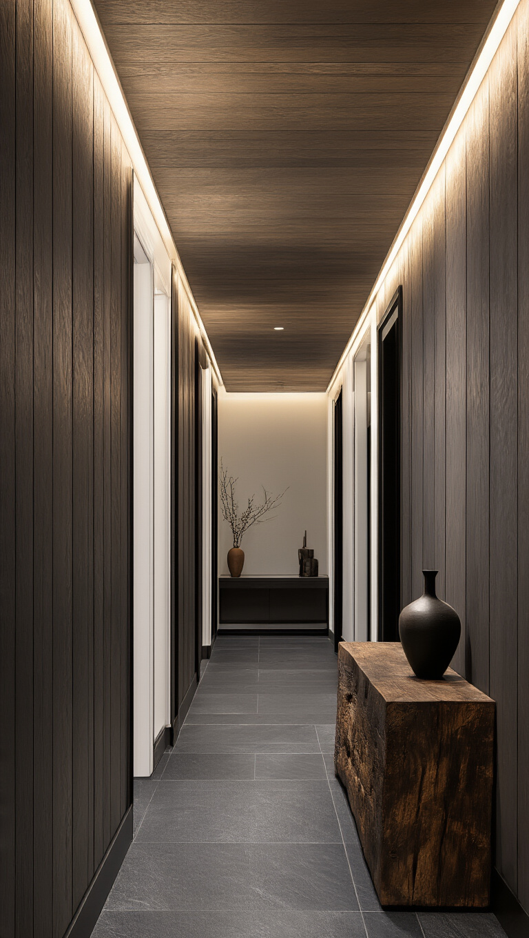 13. Elevate with Dark Wooden Accents and Panels