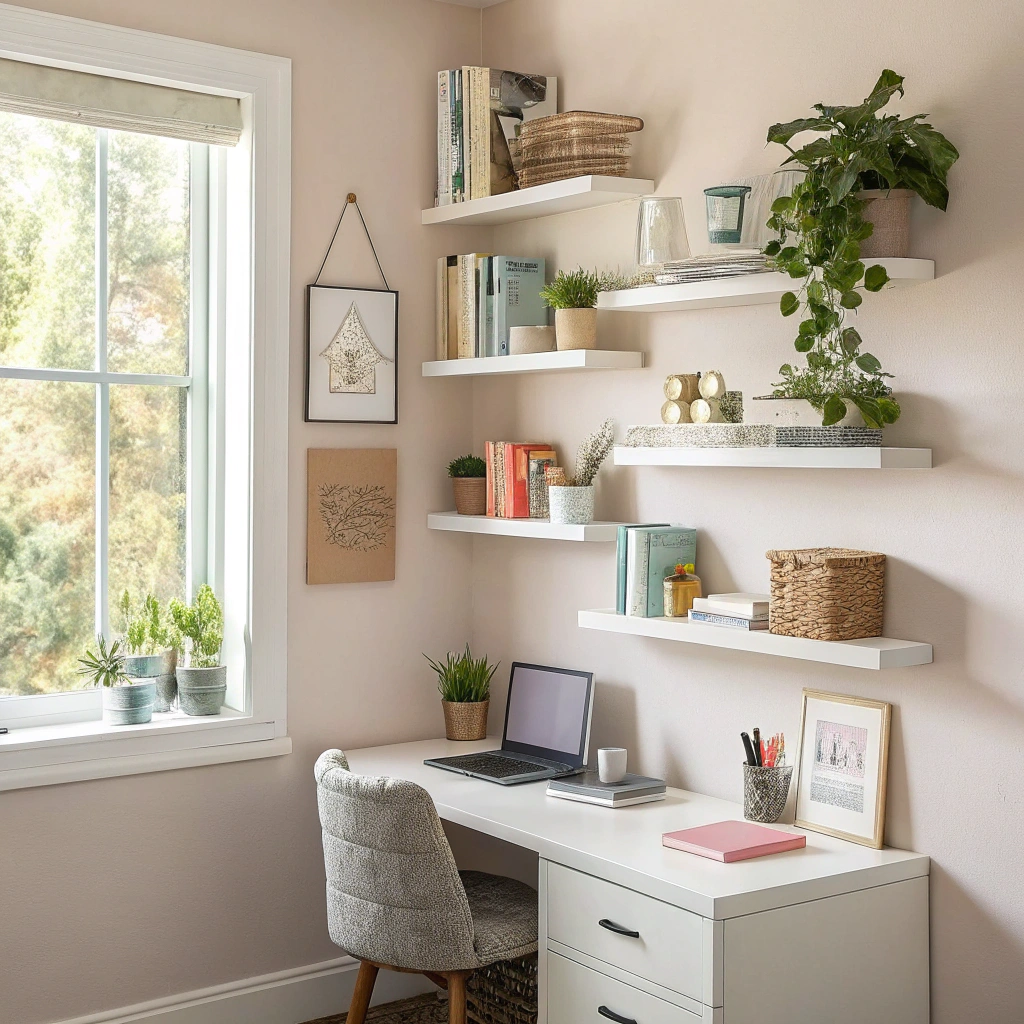 2. Clever Floating Shelves for Home Office Storage