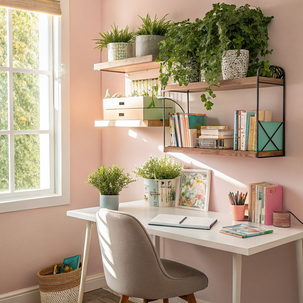 8. Utilize Floating Shelves for Stylish Home Office Storage