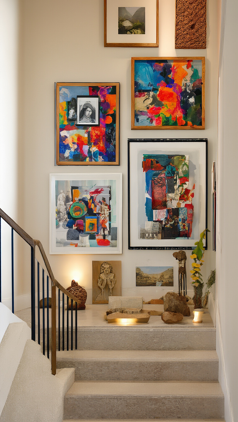 3. Incorporate a Dynamic Staircase Gallery with Mixed Media