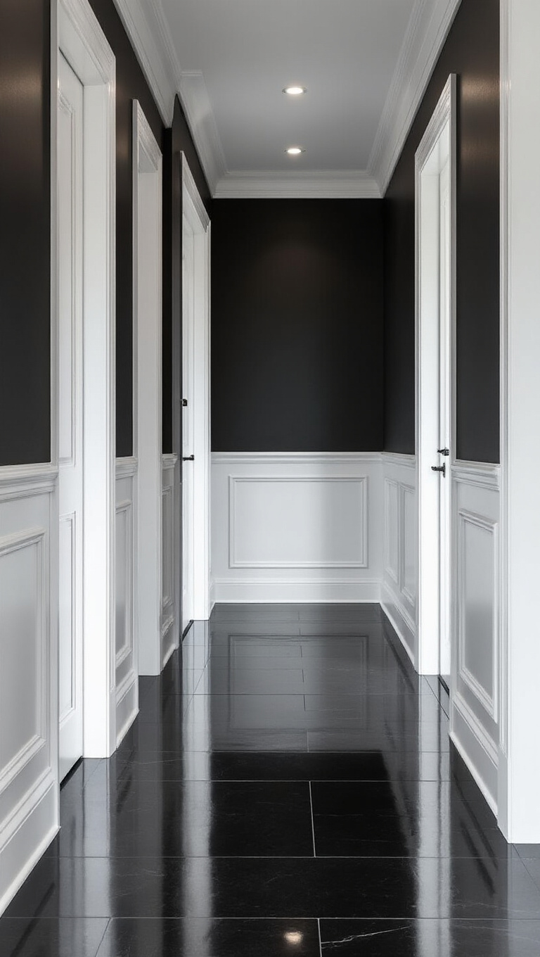 1. Monochrome Magic with White Wainscoting