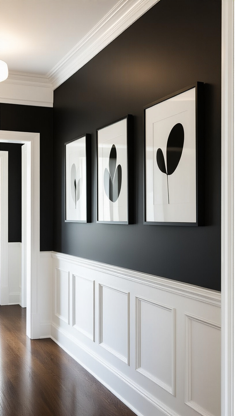 3. Accentuating Black Hallways with White Trim and Molding