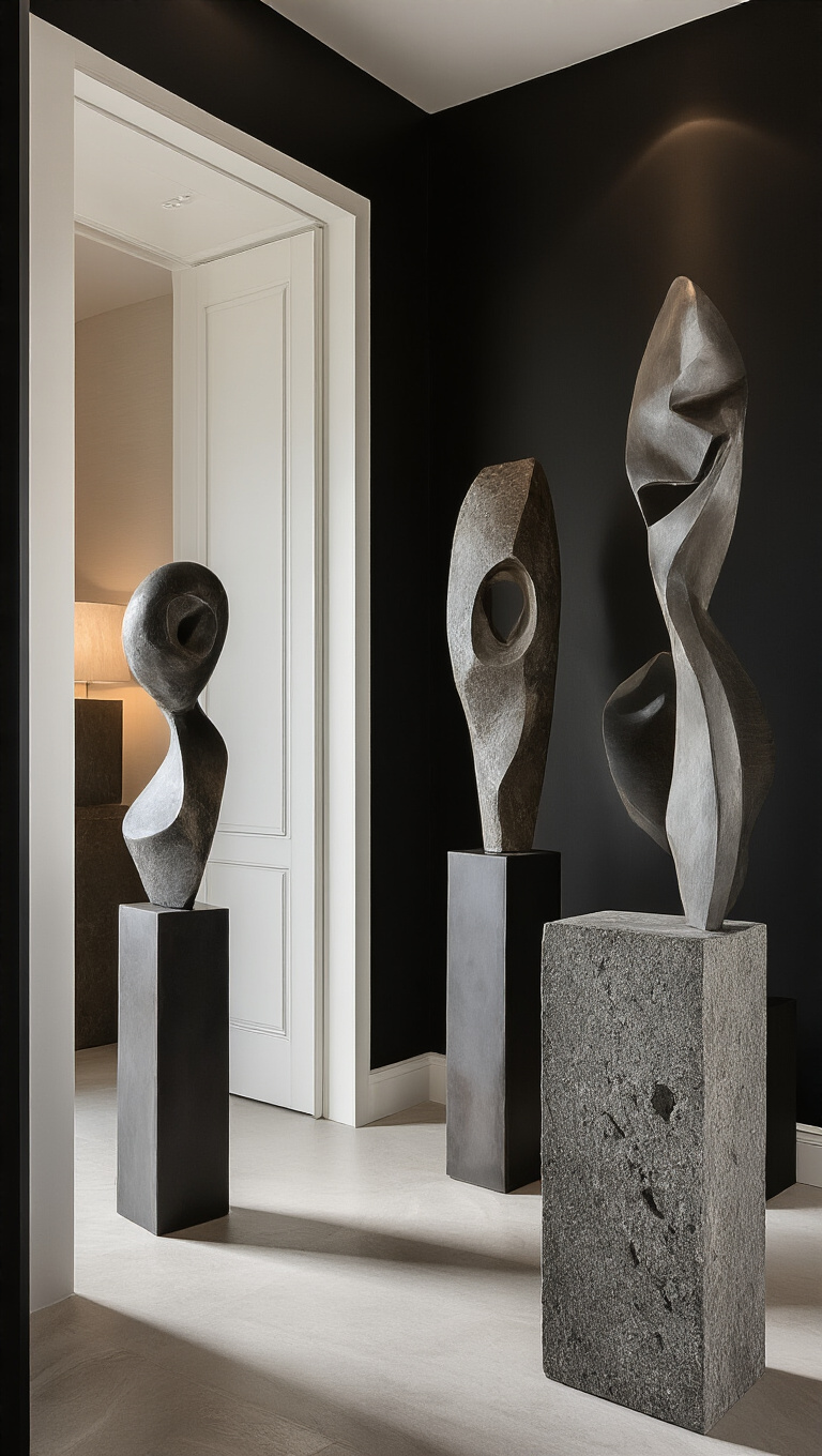 9. Sculptural Details for a Dramatic Black Hallway