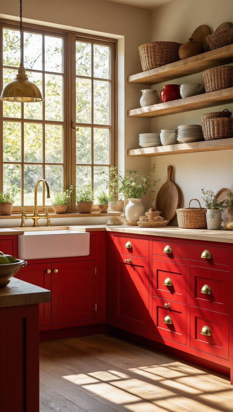 2. Radiant Red Cabinets and a Cozy Farmhouse Aesthetic