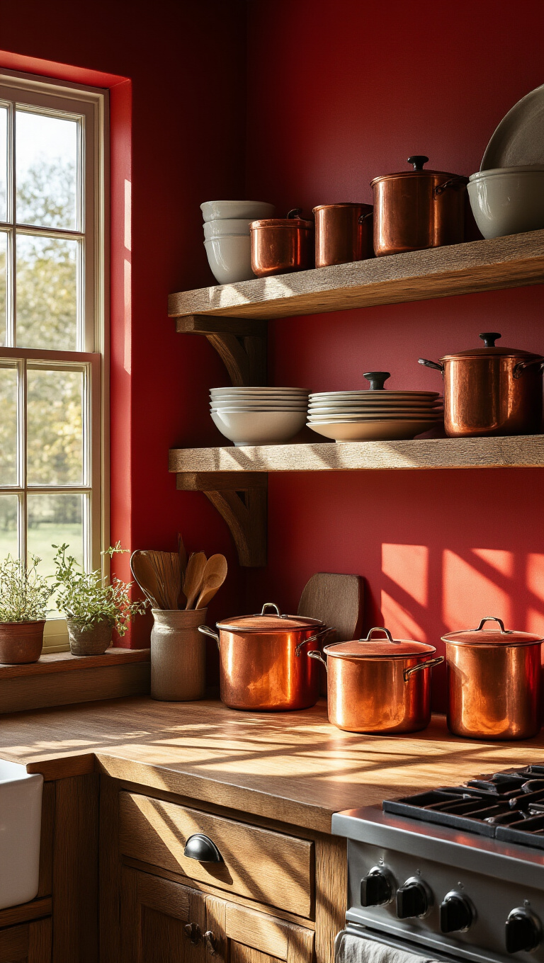 6. Inviting Red Farmhouse Kitchen Walls