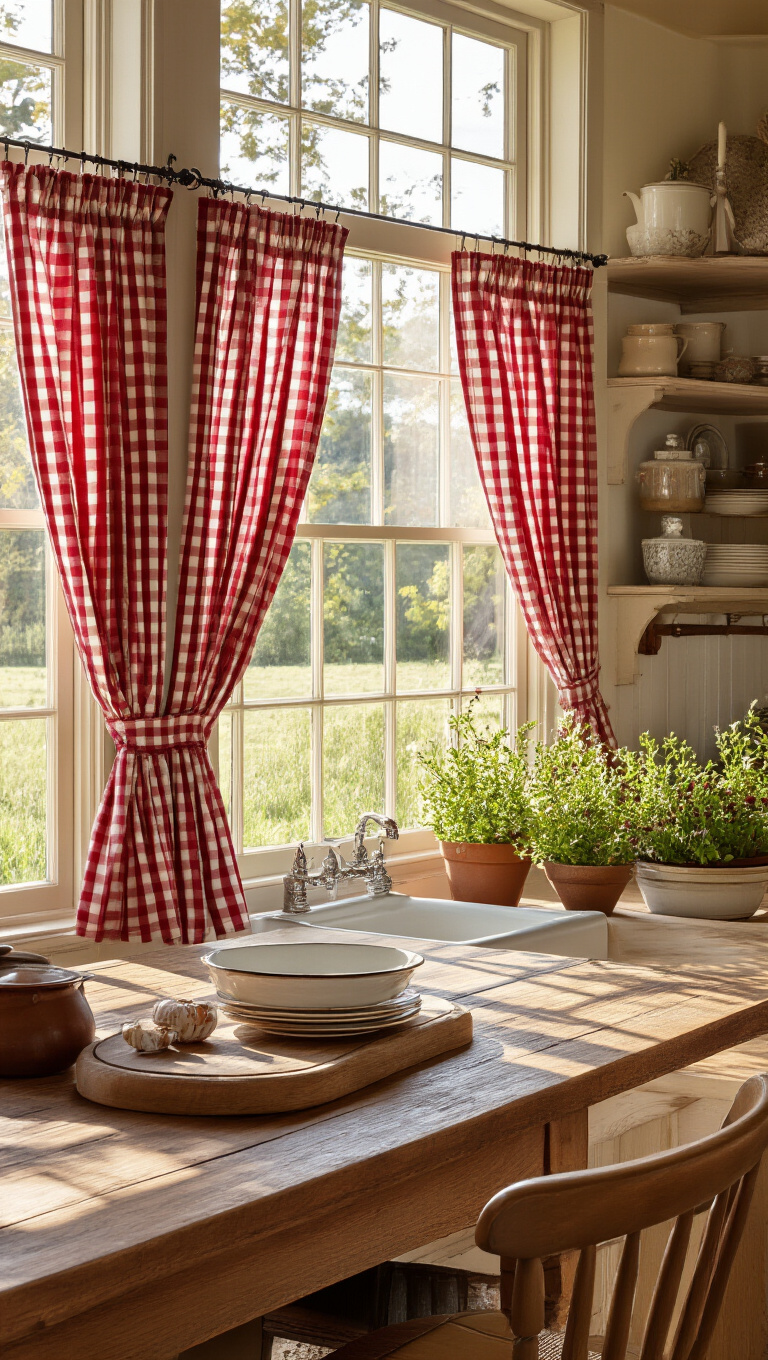 7. Red Farmhouse Kitchen Curtains for a Touch of Elegance