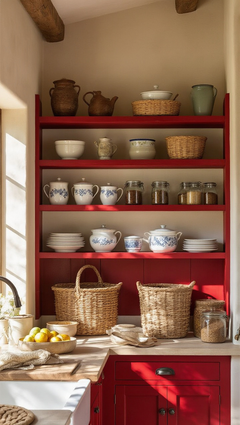 8. Cozy Red Farmhouse Open Shelving Displays