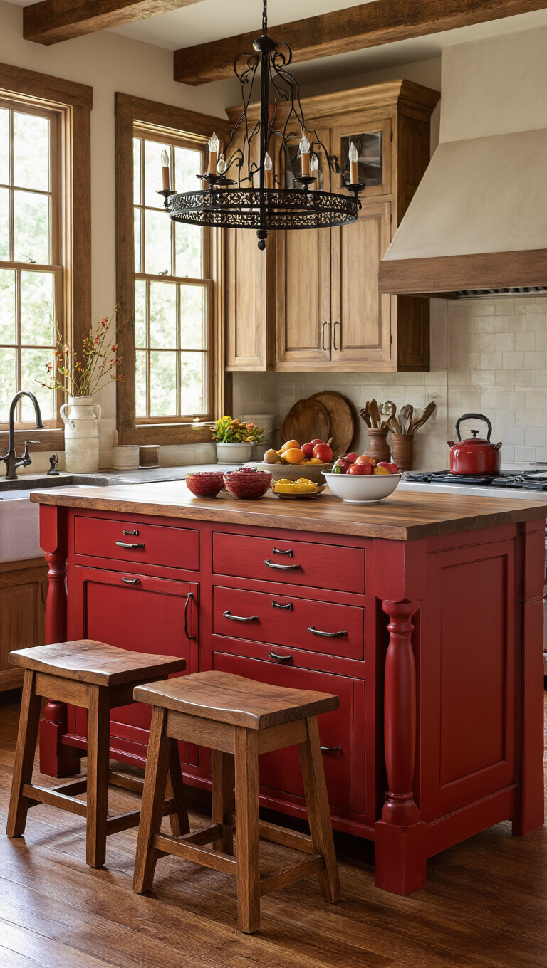 9. Red Farmhouse Kitchen Island for a Functional Focal Point