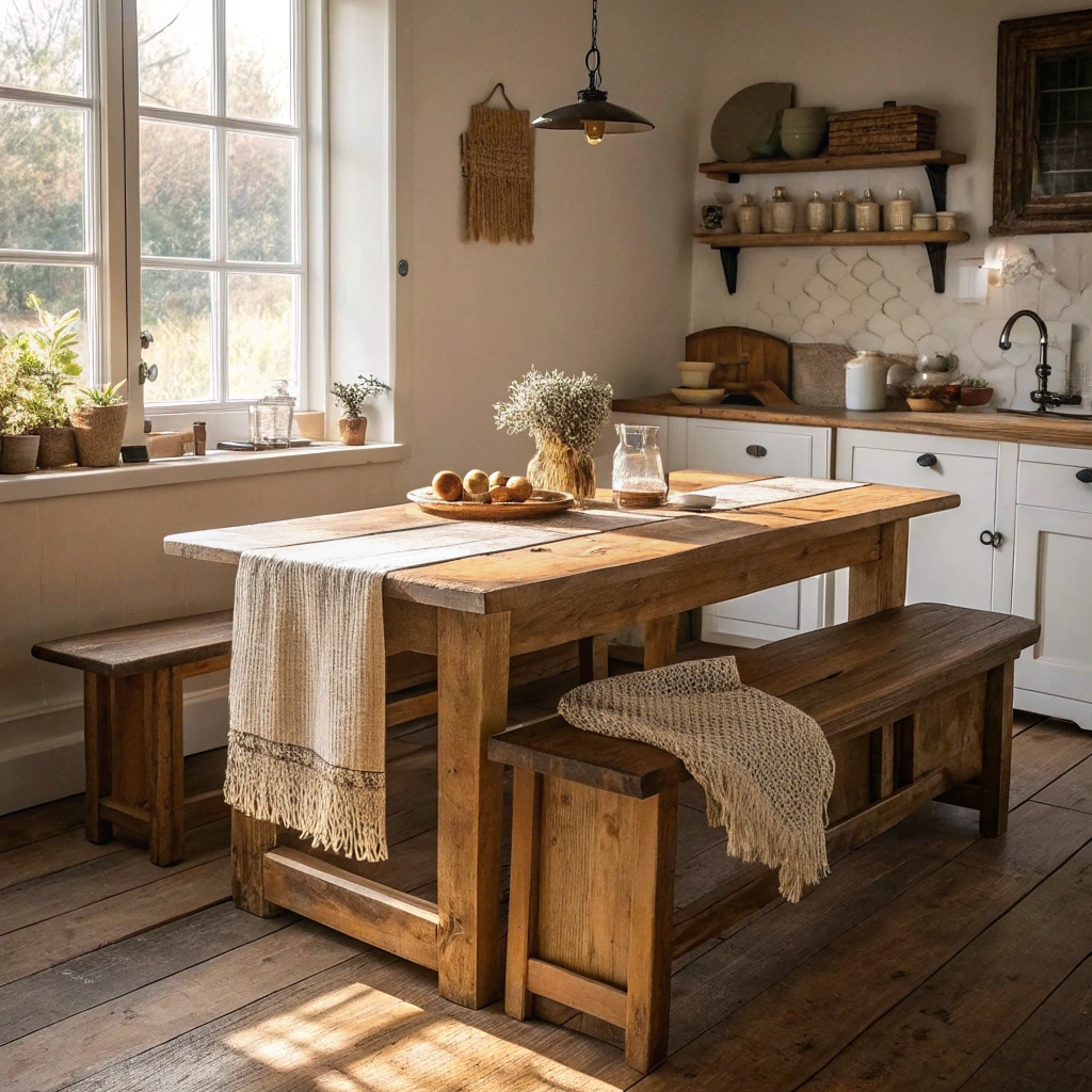 11. Rustic Bench Seating with a Small Farmhouse Kitchen Table
