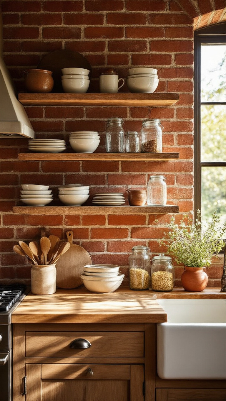 14. Vintage Red Brick with Open Shelves