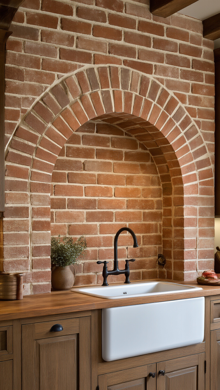 15. Arched Brick Backsplash for Vintage Appeal