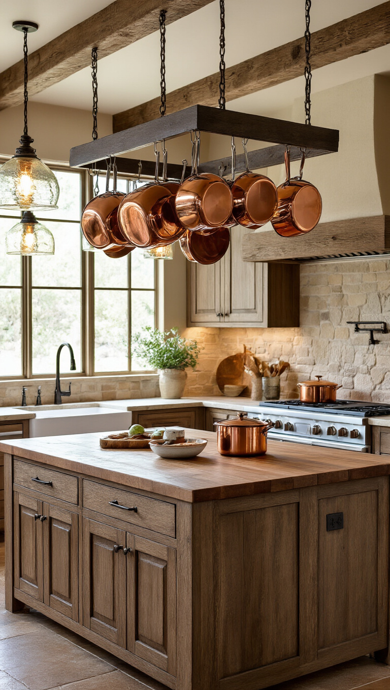 10. Enhance with Rustic Pot Racks for Functional Charm