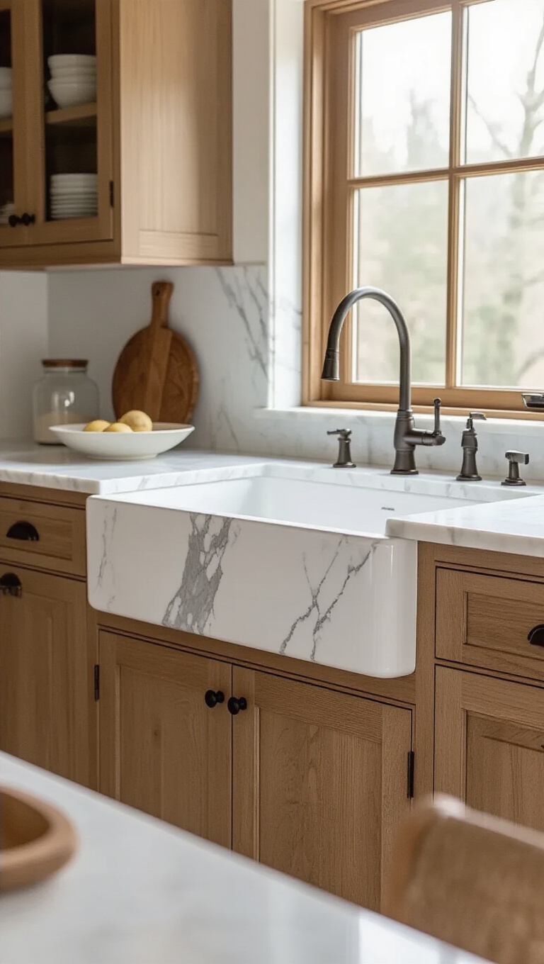 10. Marble Farmhouse Sink Kitchen for Luxurious Texture