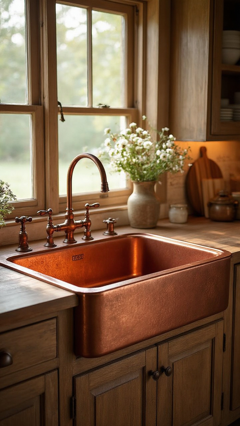3. Copper Farmhouse Sink for Vintage Warmth