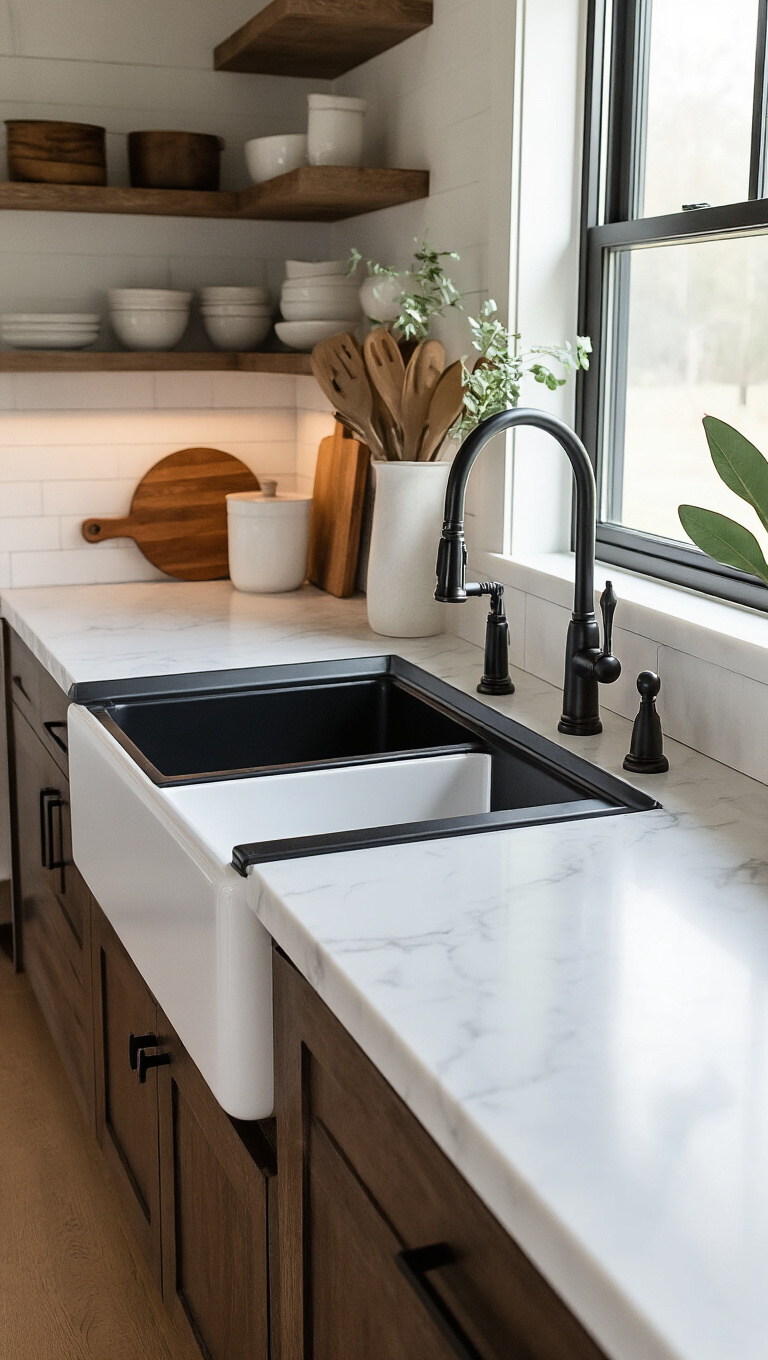 7. Two-Tone Farmhouse Sink Kitchen for Modern Contrast