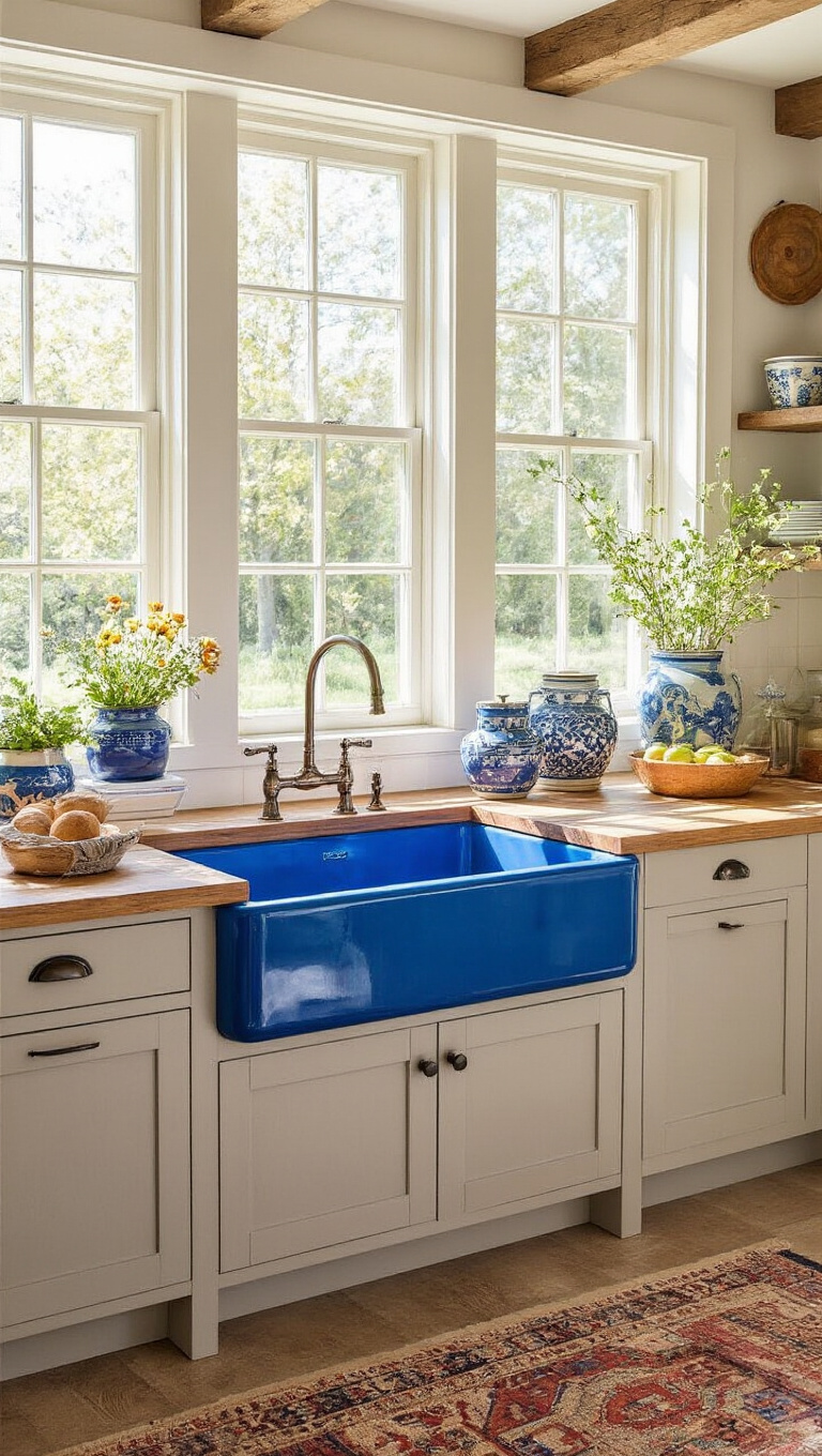 9. Color-Pop Farmhouse Sink Kitchen for Vibrant Energy