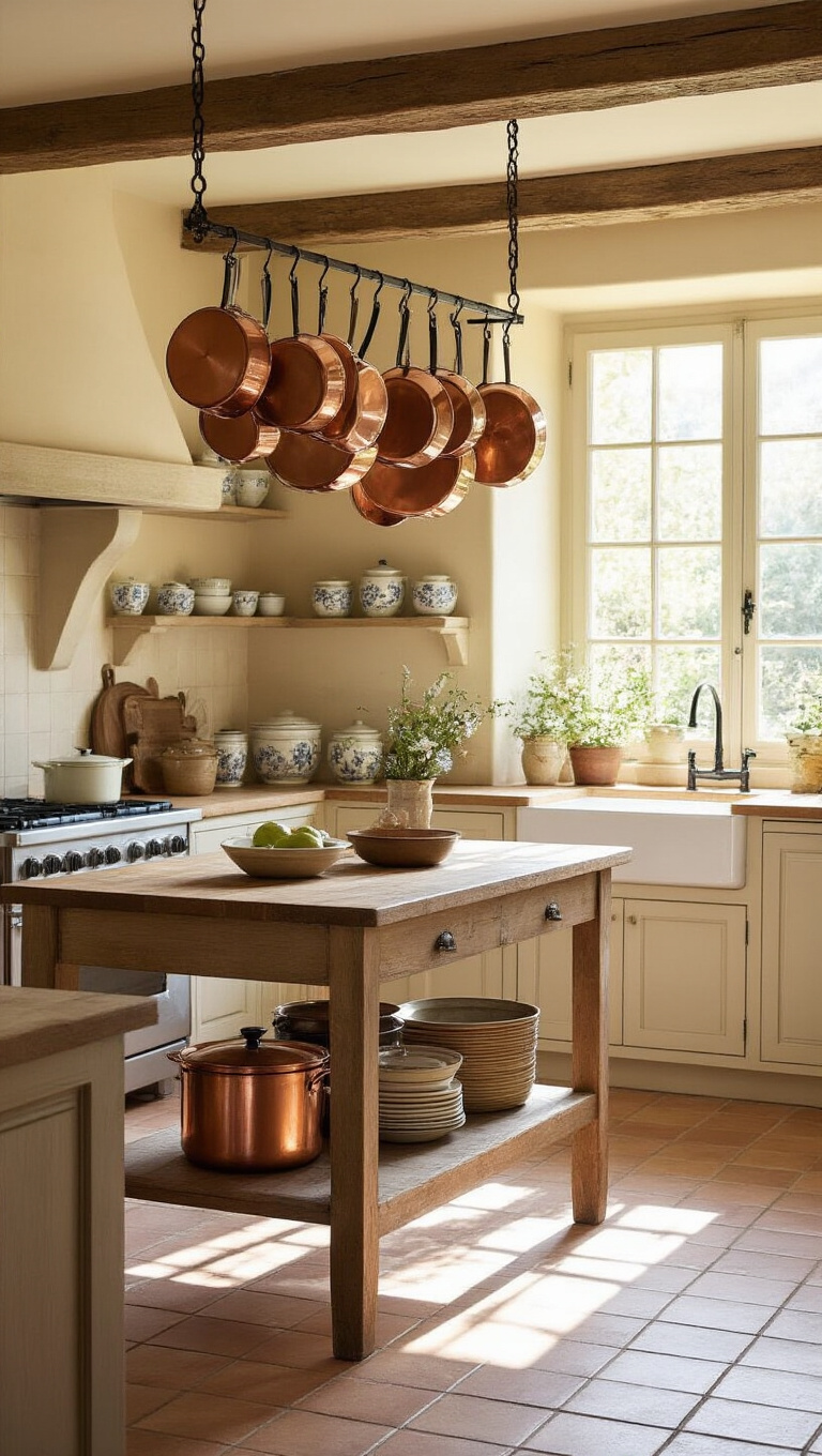 14. Rustic Pot Racks for Authentic Flair