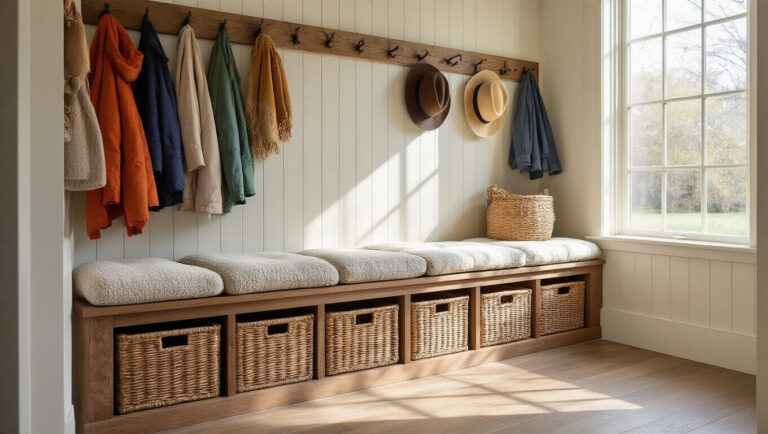 hallway_storage_ideas_with_custom_mudroom_bench_and_baskets_featured
