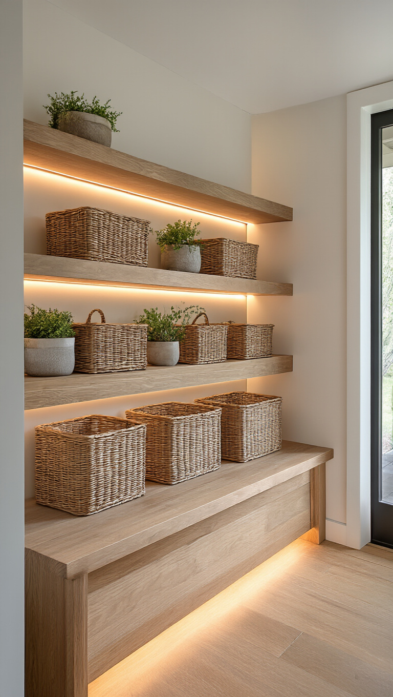 16. Add a Touch of Elegance with Open Shelving and Accent Lighting