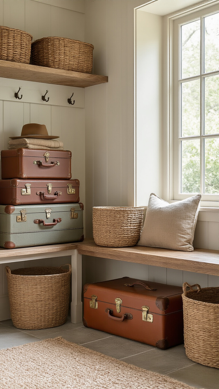 19. Delightful Display with Vintage Suitcase Storage