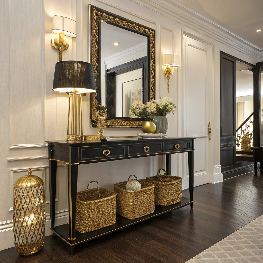1. Timeless Elegance: The Black and Gold Hallway Table
