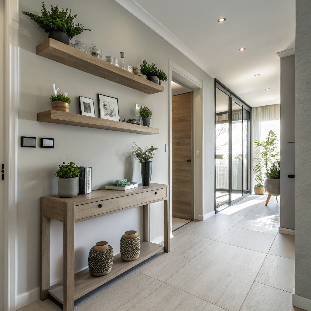 4. Elevate with Floating Shelves and Simple Consoles