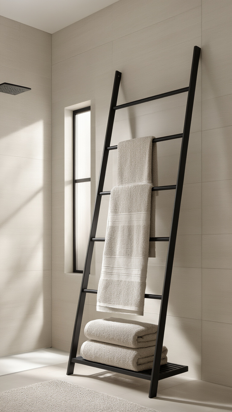 14. Minimalist Ladder Towel Racks for Vertical Elegance