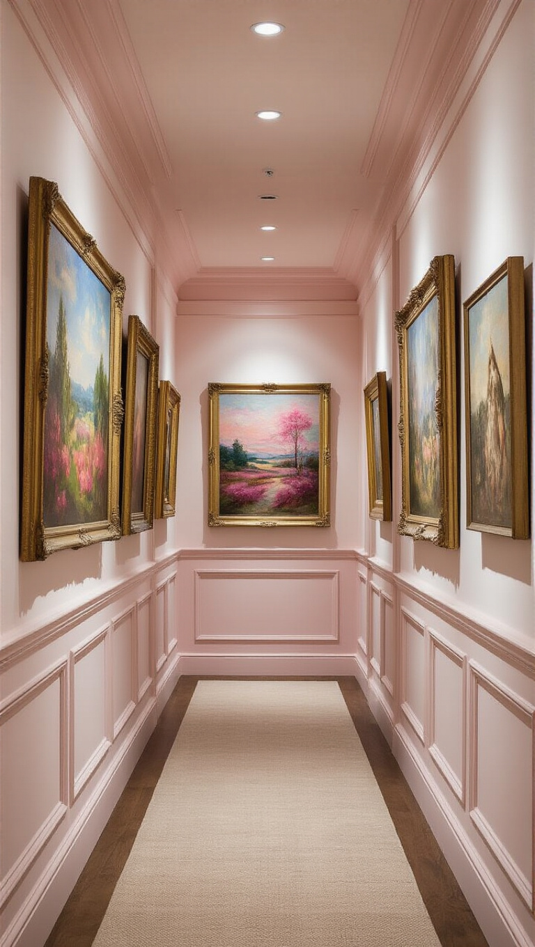 5. Vibrant Gallery Hall with Blush Wainscoting
