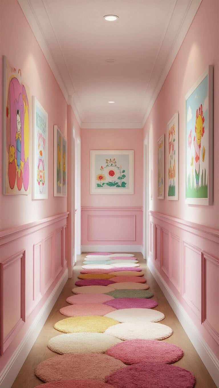7. Whimsical Children's Hallway with Blush Wainscoting