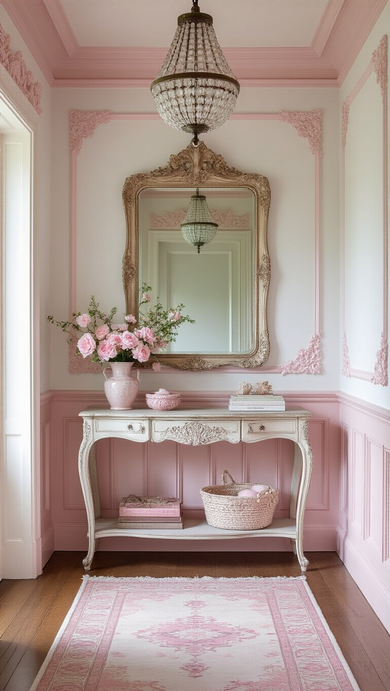 9. Vintage Chic Hallway with Pink Trim
