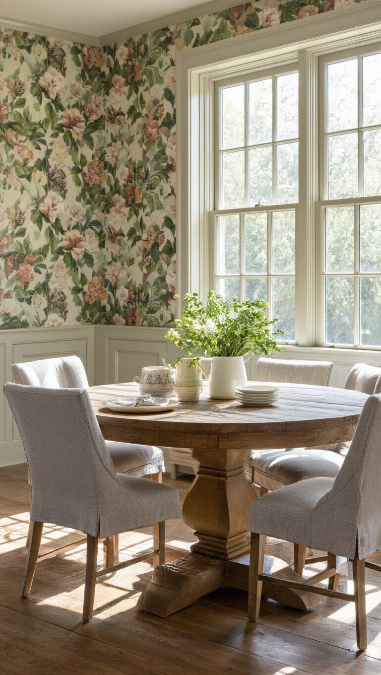 10. Elevate Your Dining Experience with a Round Farmhouse Kitchen Table and Custom Upholstered Seating
