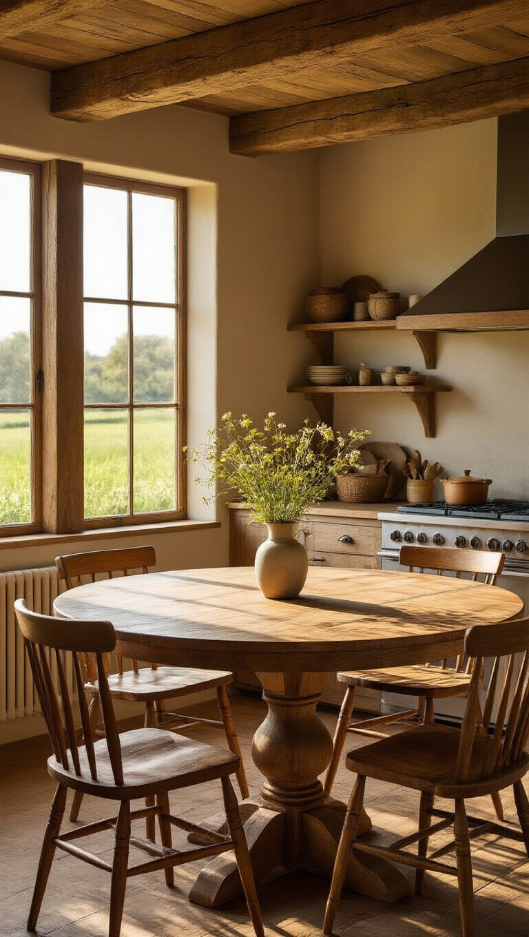 7. Warmth of Wood: Introducing a Natural Round Farmhouse Kitchen Table