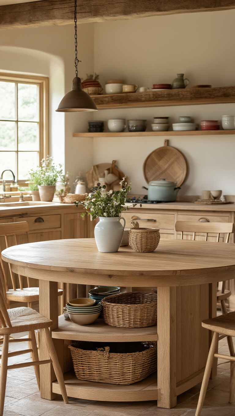 8. Opt for a Round Farmhouse Kitchen Table with Built-in Storage