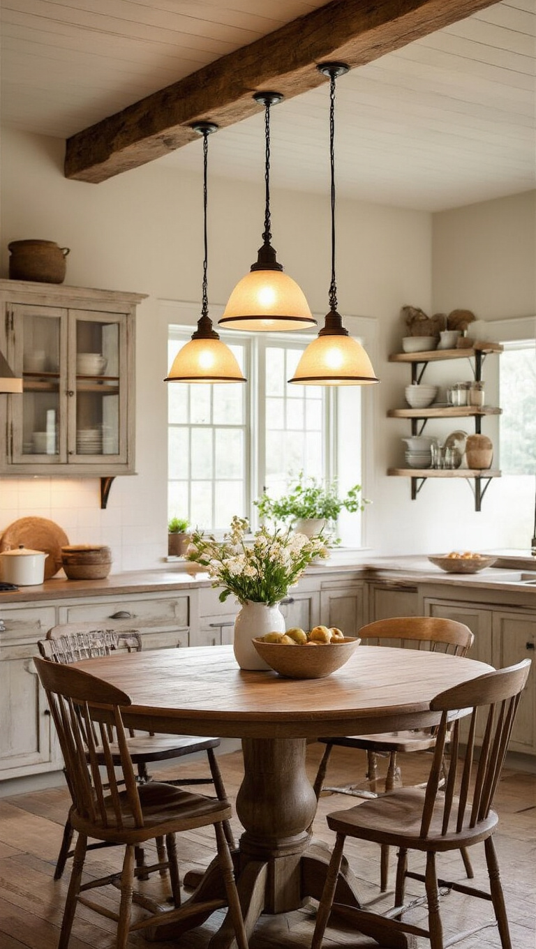9. Illuminate Your Dining Experience with a Round Farmhouse Kitchen Table and Pendant Lighting