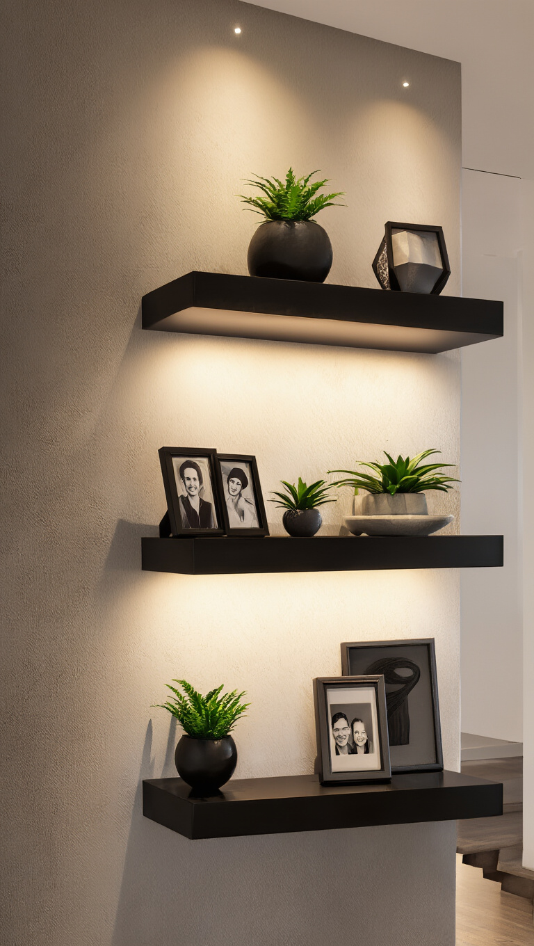 13. Elevate with Artistic Floating Shelves