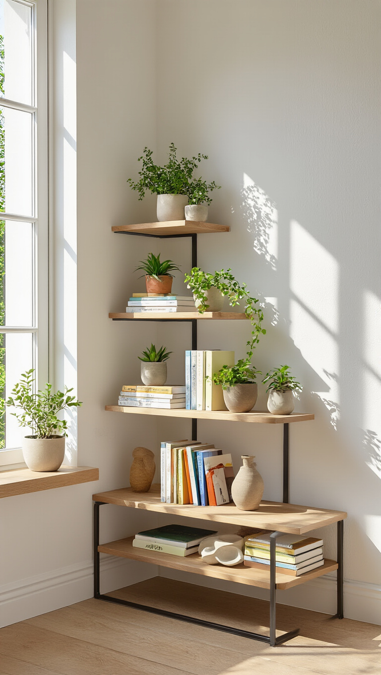 12. Corner Cascade: Artful Tiered Shelves