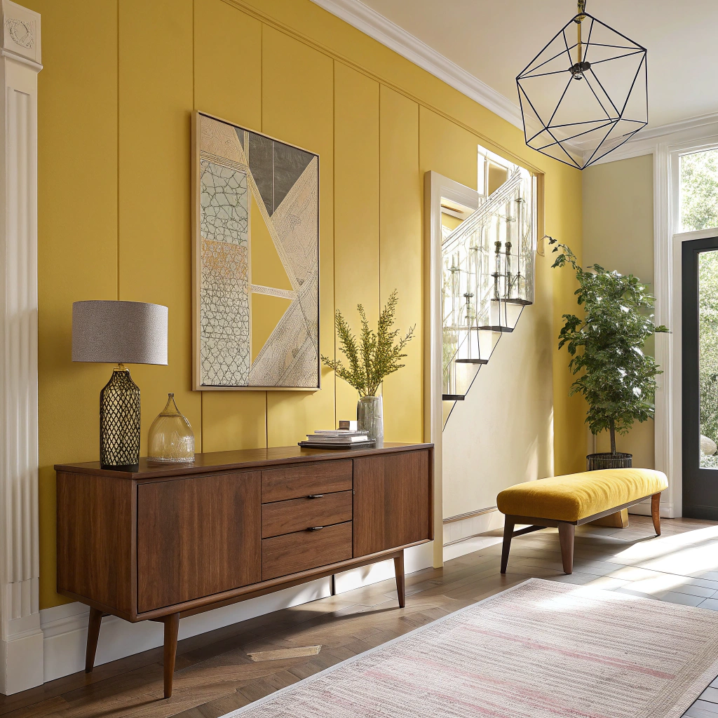 15. Inviting Yellow Hallway with Mid Century Accents