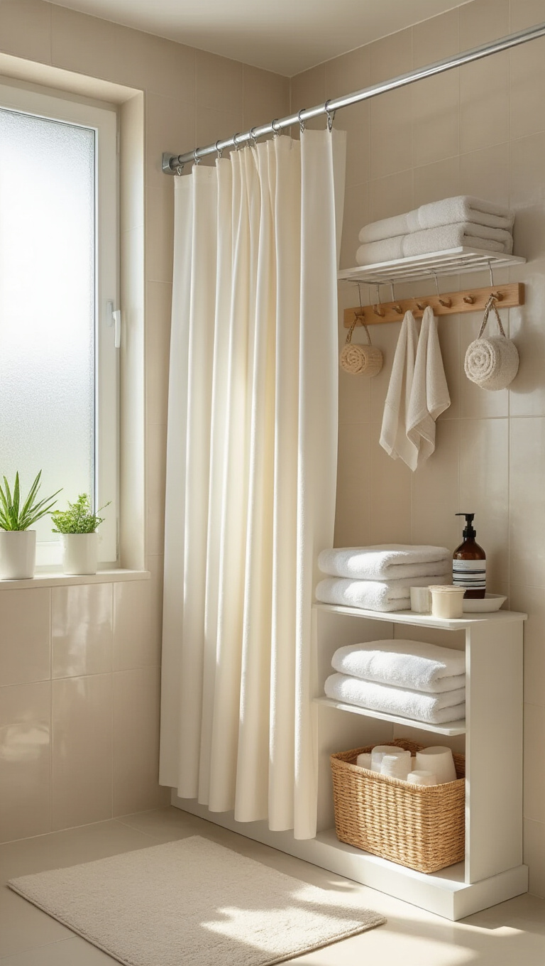 9. Integrate a Shower Curtain Rod with Storage