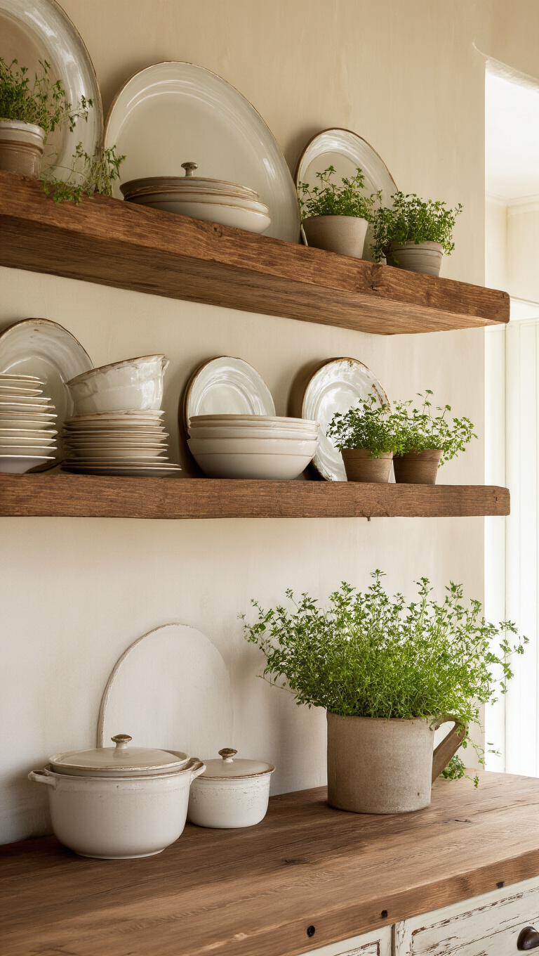8. Distressed Wooden Shelves for Vintage Farmhouse Organization